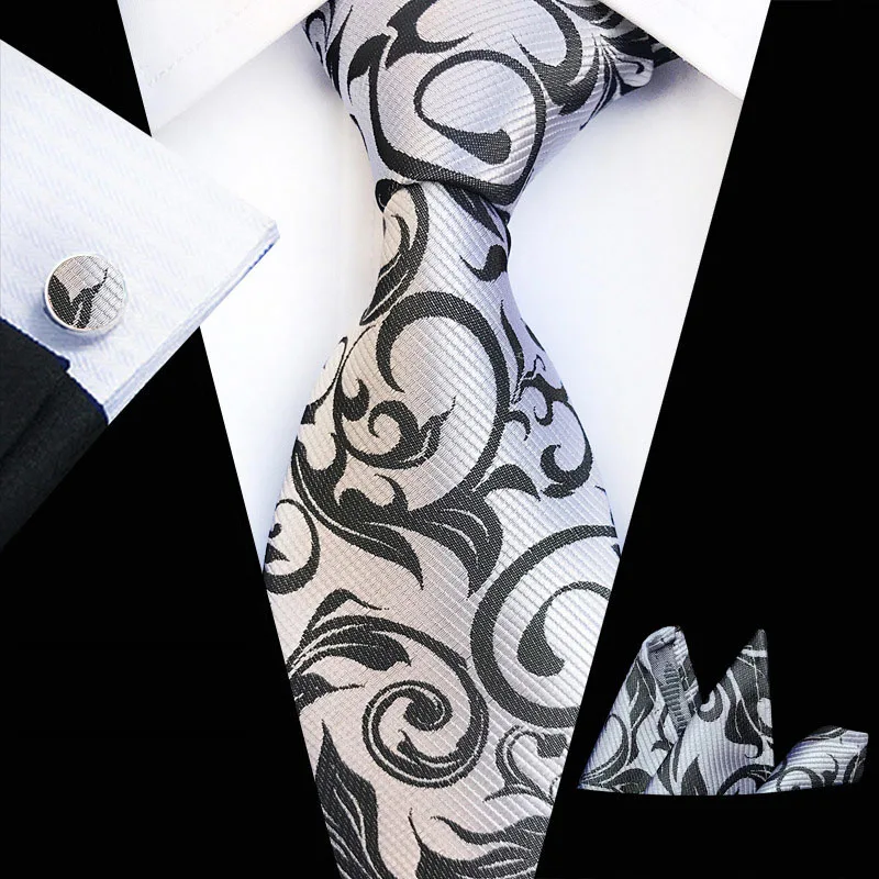 GUSLESON New Fashion Tie Set 8cm Silk Jacquard Mens Necktie Gravata Hanky Cufflinks Set Mens Tie for Wedding Party Gift