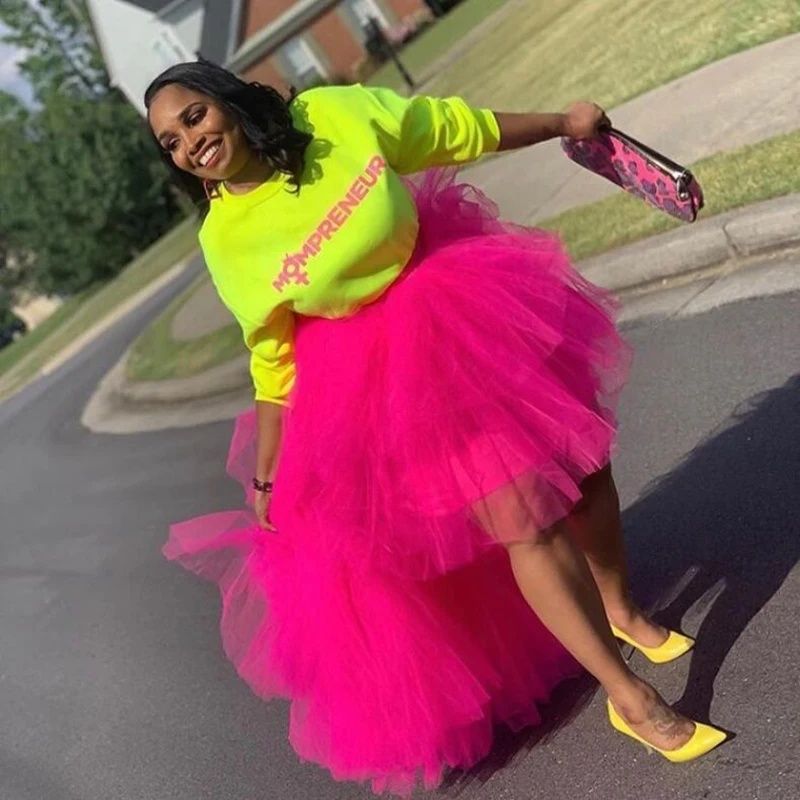 

Trendy Hi Low Formal Skirt Hot Pink Tiered Ruffle Tulle Skirts Womens Asymmetrical Party Skirt Custom Made Any Colors