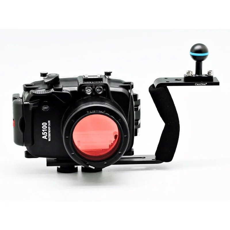 Waterproof Underwater Camera Housing Hard Case for Sony A5100 16-50mm Lens + 67mm Red Filter + Aluminum Handle / Arm