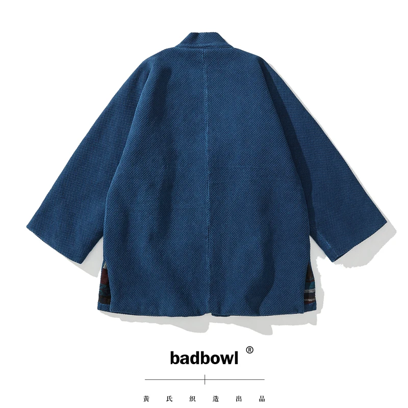 BADBOWL Plant INDIGO Dyeing Road Robe Heavy Kendo Fabric Japanese Retro Kimono Jacket Men's Flanel lhamo Jackets Casual Coat