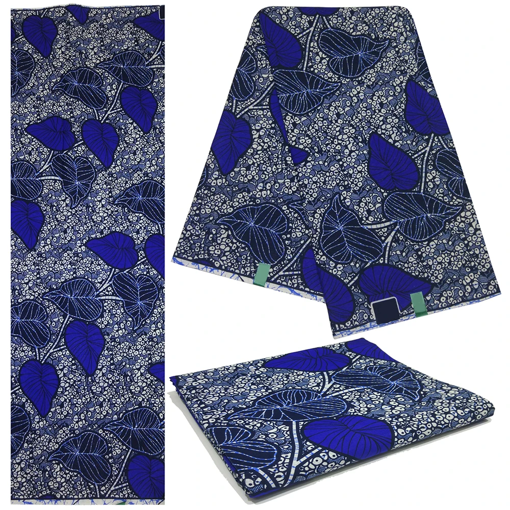 Newest Arrival Blue Leaf Pattern Polyester african wax Printed Fabric 6Yards\\lot