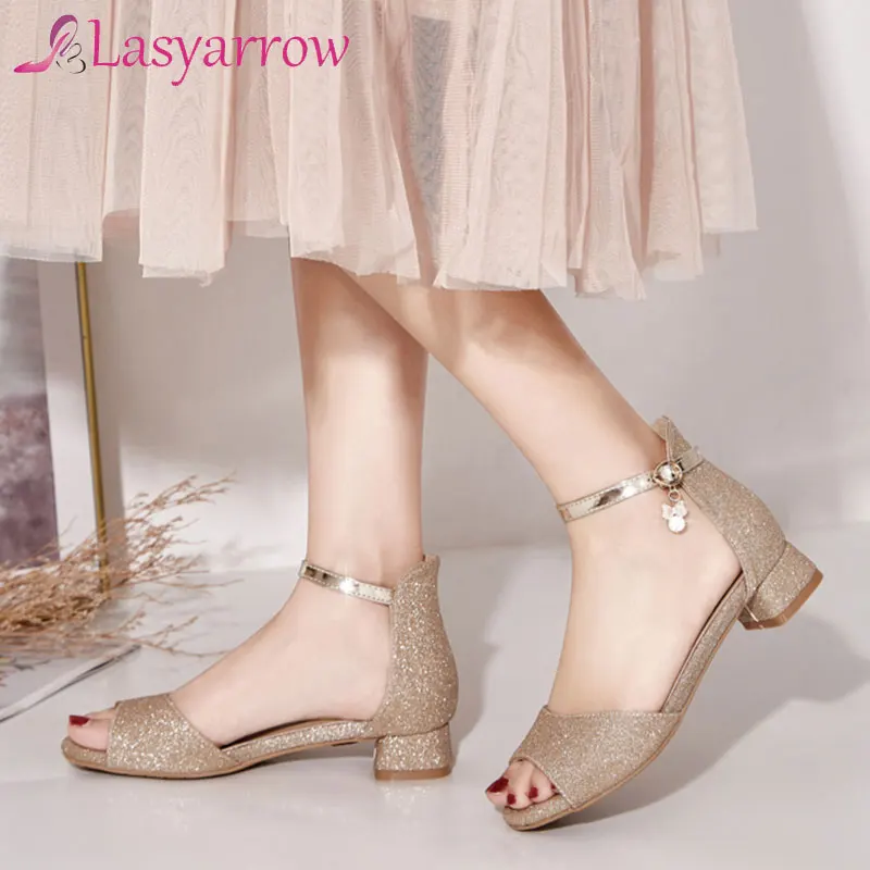 Lasyarrow Summer Gladiator Sandals Women Shoes Woman Sexy Gold Sliver Low Heels Ankle Strap Thick Heeled Peep Toe Sandals