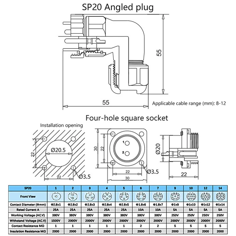 IP68 SP20 Elbow Four-Hole Square Waterproof Aviation Plug 1/2/3/4/5/6/7/9/10/12/14 pin Plug Socket Aviation Connector