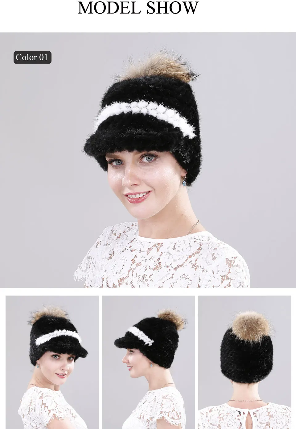 Winter-Nerz-Pelzmütze für Damen, strickende Herbst-Baseballmütze mit niedlicher Bommelmütze, Schirmmütze, Mützen für Damen, Designer-Mütze für Herren – Detail 3