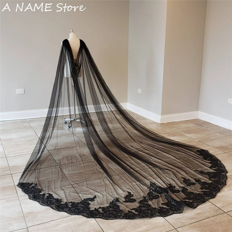 

Black Bridal Cape Veils Vintage Cathedral Long Wedding Shoulder Veil Cloak Accessories Tulle for Brides 3m