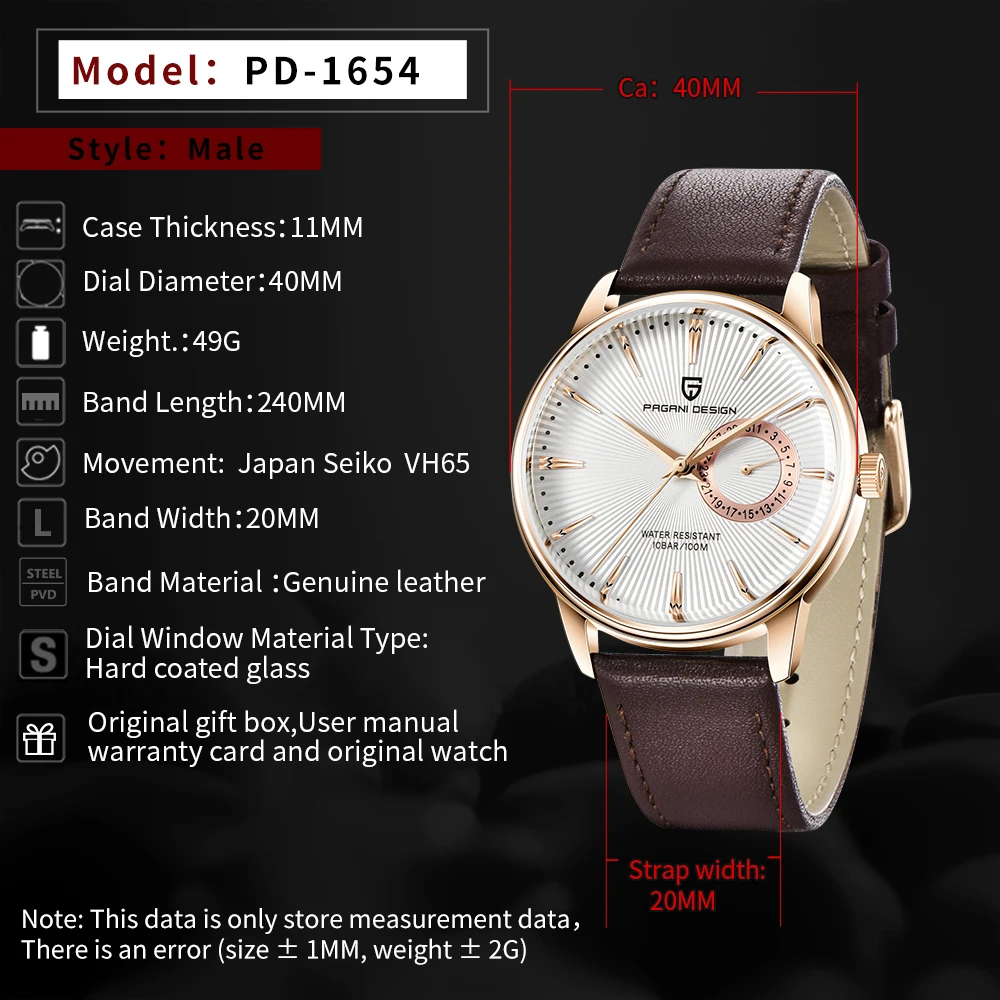 PAGANI DESIGN automatic Quartz watch Luxury Casual Fashion Leather 100M Waterproof Watch for men VH65 reloj hombre PD1654