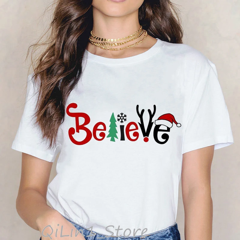 Merry christmas t shirt letters believe deer sloth cat dog Santa Claus print funny cute top tee shirt femme gift clothes t-shirt