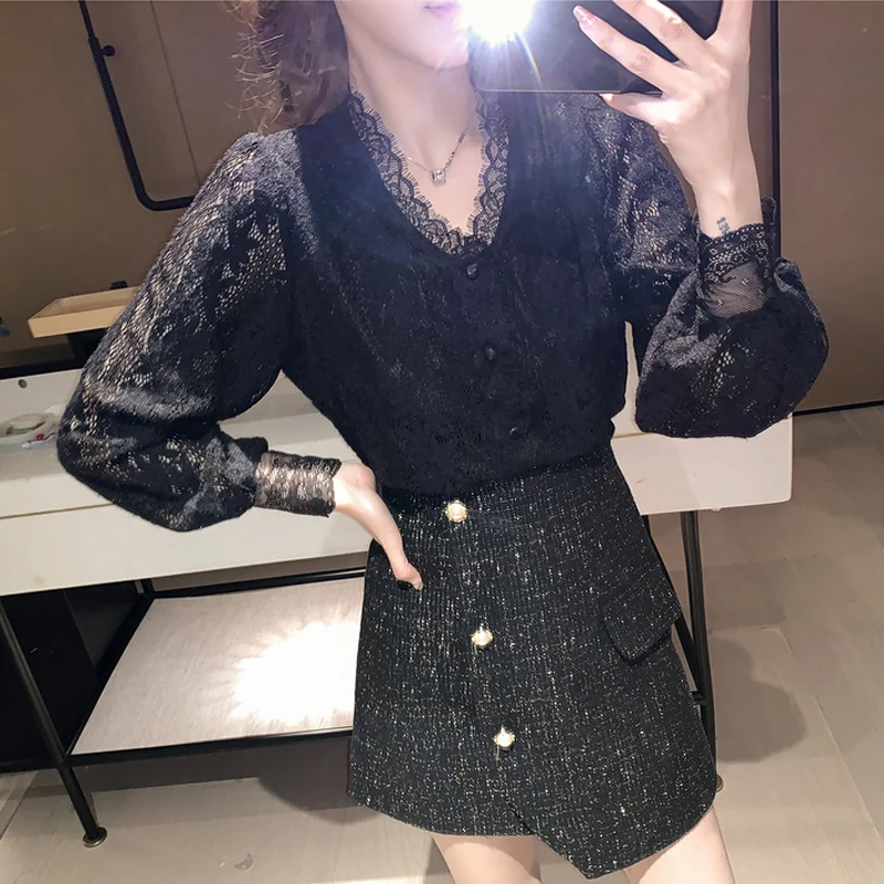 Elegant 4XL New Lace Blouse Women Korean Hollow Out V Neck Long Sleeve Shirt Ladies Spring Crochet Lace Solid Tops Blusa 13356