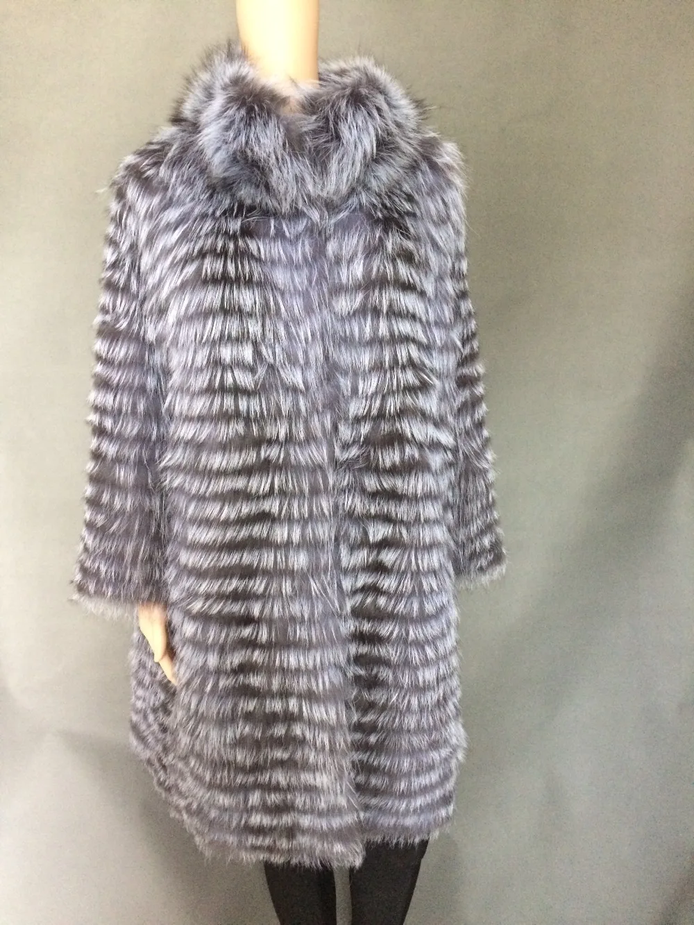Women's Striped Real Silver Fox Fur Coat, Long Cardigen with Wool Lining, Big Size Clothes, Elegant Outwear, Spring, Lux18A09164