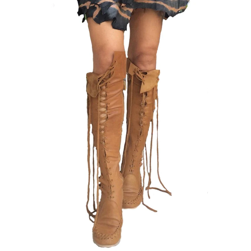 

High Quality New PU Boots For Women Sexy Lace-up Over The Knee Boots With Tan Laces Moccasin Boots Women Big Size Shoes Women