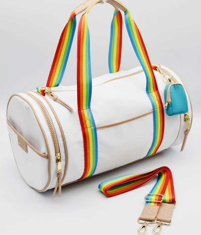 Wholesale/customize  High-Quality White/Black   Traveling  Nylon  Bag  Contrast Color shoulder Printed Rainbow Polyester Lining