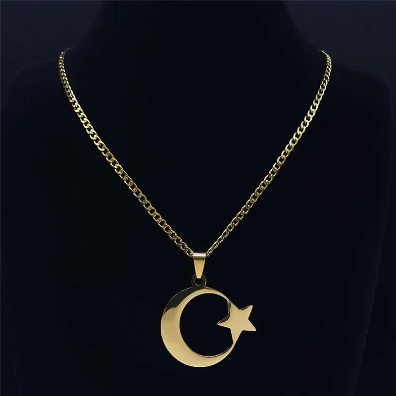 Muslimische Islamische Halbmond-Stern-Halskette aus Edelstahl für Frauen, Goldfarben Anhänger-Halskette, Amulett-Schmuck Geschenk – Detail 5
