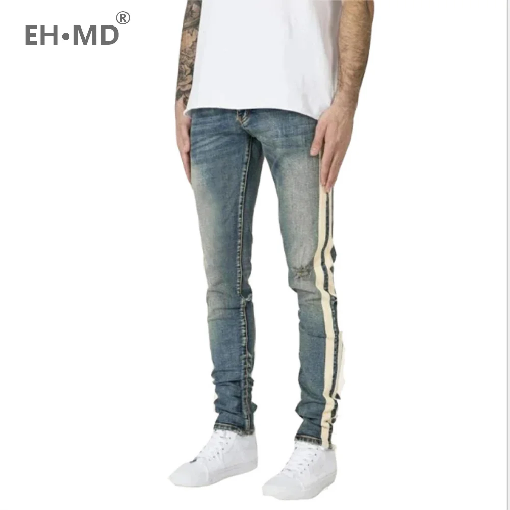 EH · MD® Side Double Stripe Jeans Men's Trend Knee Hole Hole Straight Denim Trousers Slim Feet Bleached Old 2020 New Light Blue