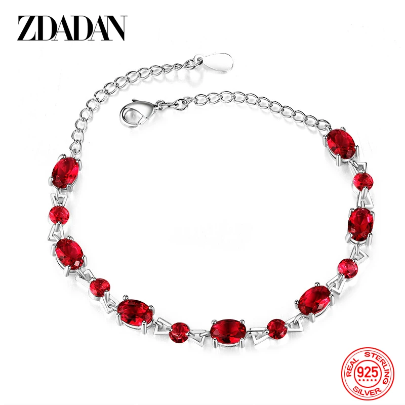 ZDADAN 925 Sterling Silver Fashion Oval Ruby Bracelet Chain For Women Wedding Jewelry Party Gift