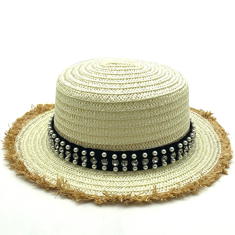 New summer Flat sun hats for women chapeau feminino straw hat panama style cappelli Side with pearl Beach bucket cap girl topee
