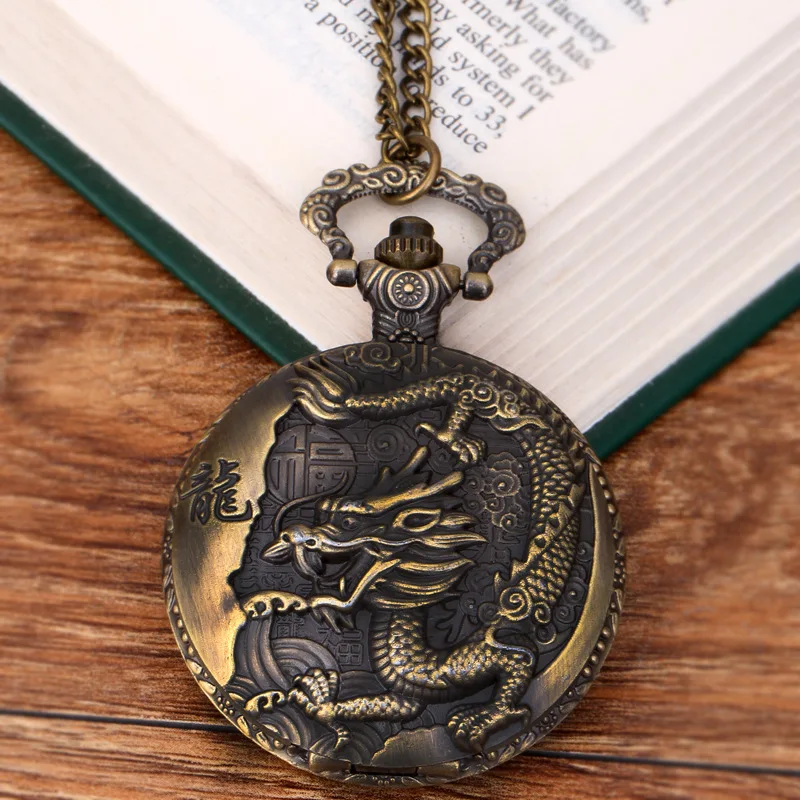 Grote Bronzen Fijne Ketting Reliëf Chinese Stijl Nostalgische Retro Grote Draak Zakhorloge Klassieke Zakhorloge