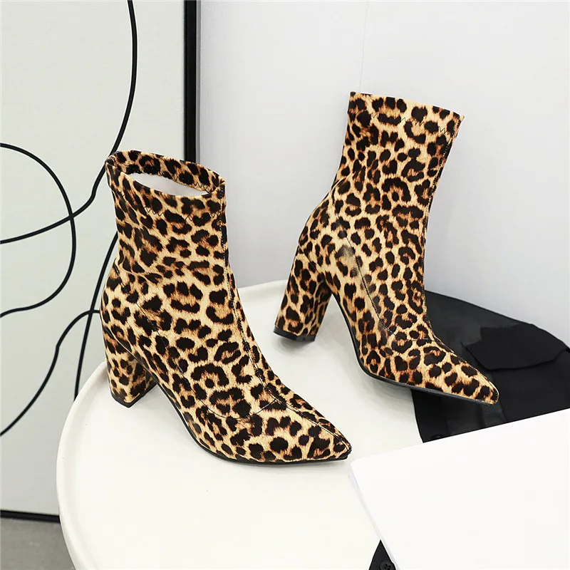 YQBTDL Autumn Spring High Heels Stretch Sock Boots Leopard Print Plaid Silver Slip on Ankle Womens Boots Pointed Toe Footwear