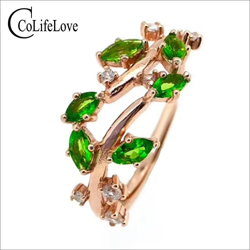 

CoLife Jewelry 925 Silver Olive Leaf Wreath Ring 6 Pieces Natural Chrome Diopside Silver Ring Gift for Young Girl