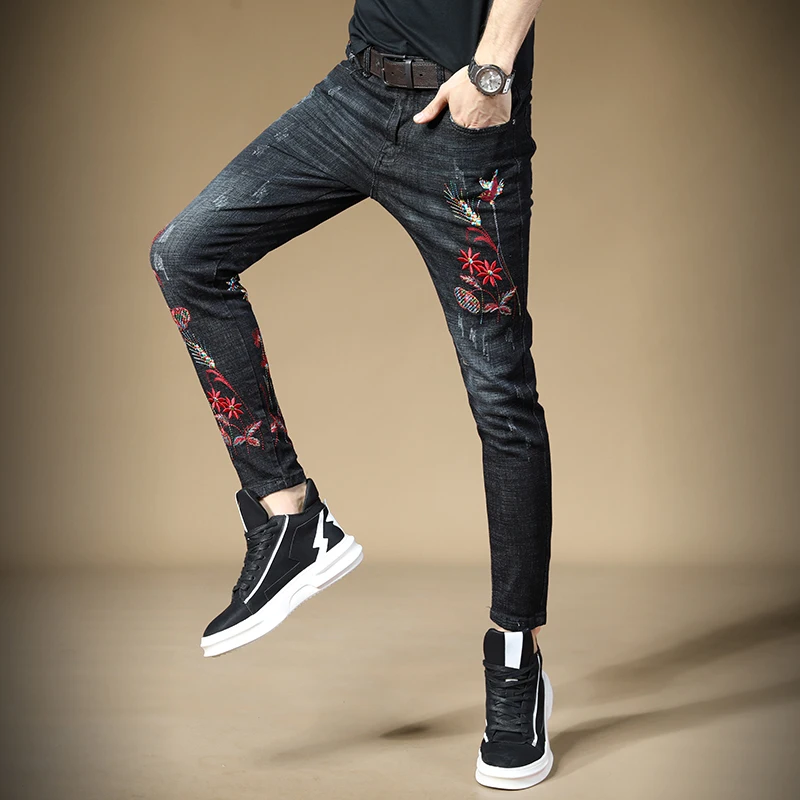 Free Shipping New men's male black Embroidered 98% cotton jeans Slim pants classical Chinese style embroidery denim trousers