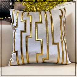 Modern Beige Shiny Gold Appliqué Velvet Geometry Home Throw Cushion Cover Decorative Square Pillow Case 45 X 45 CM 1 Piece Pack