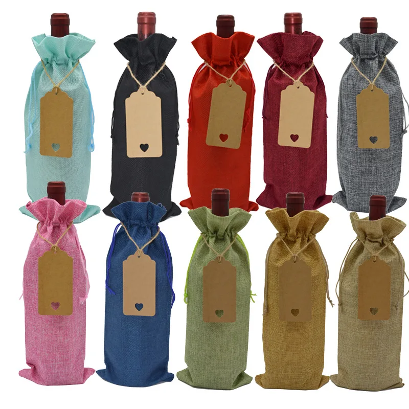 Juego de bolsas y etiquetas de vino de lino, bolsillo con cordón, bolsa para botellas de vino, bolsa para ceguera de vino