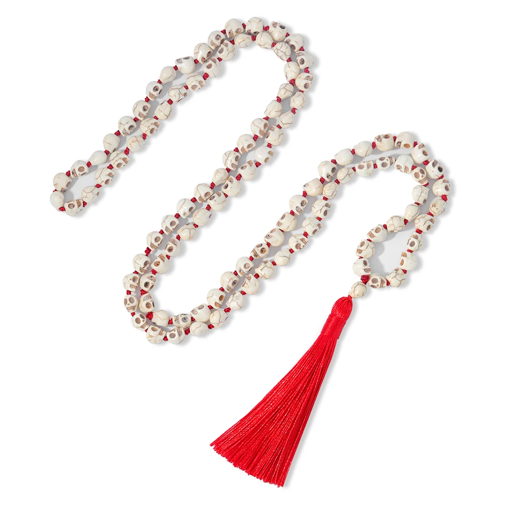 Non-Mainstream Men Sautoir Hot Lmitation Bone Skull Beaded Handmade Knot 108Mala Necklace Hip Hop Tassel Pendant Jewelry