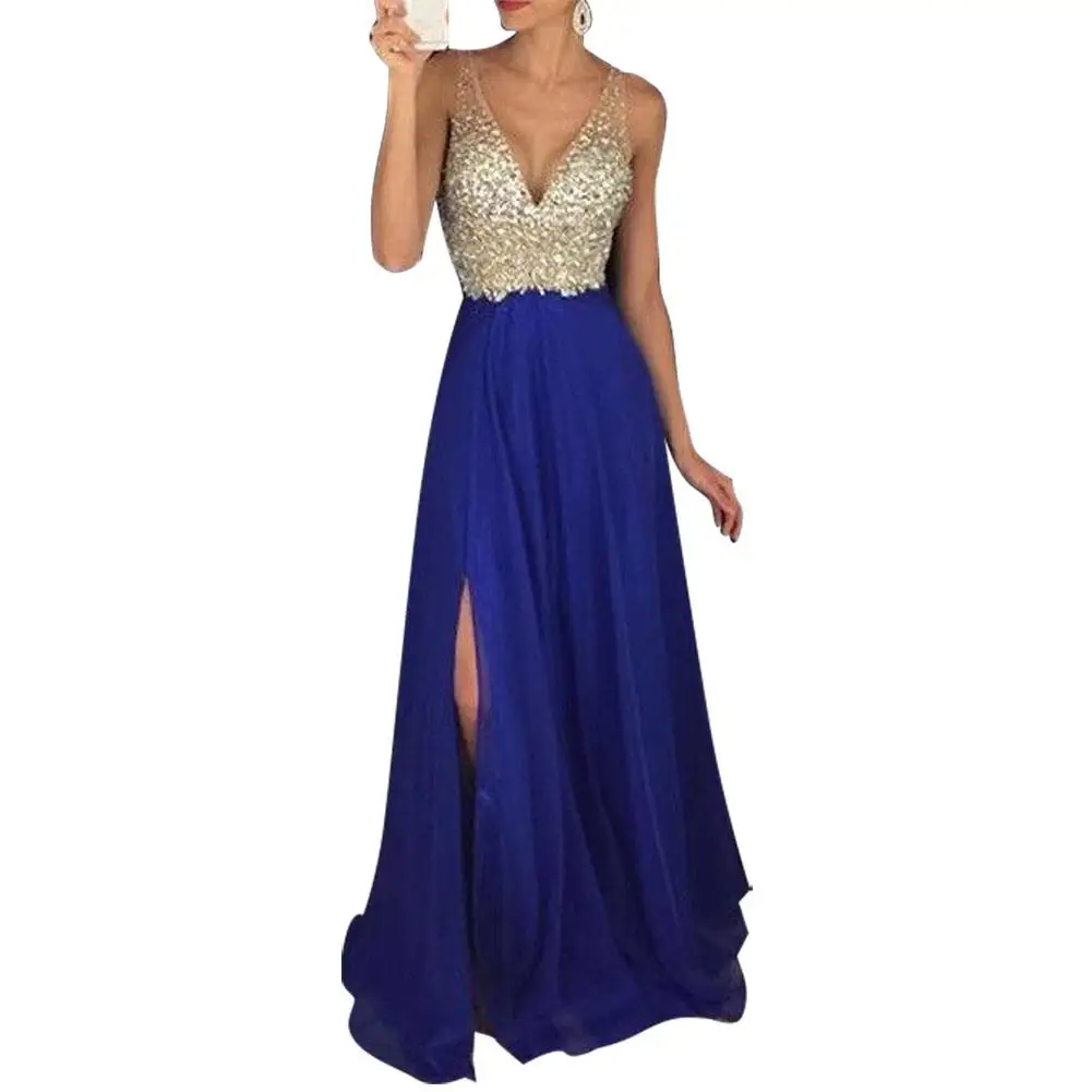 

Sexy Party Dress Women Sleeveless Sequined Deep V Neck Long Dress Elegant Loose Dresses 2023