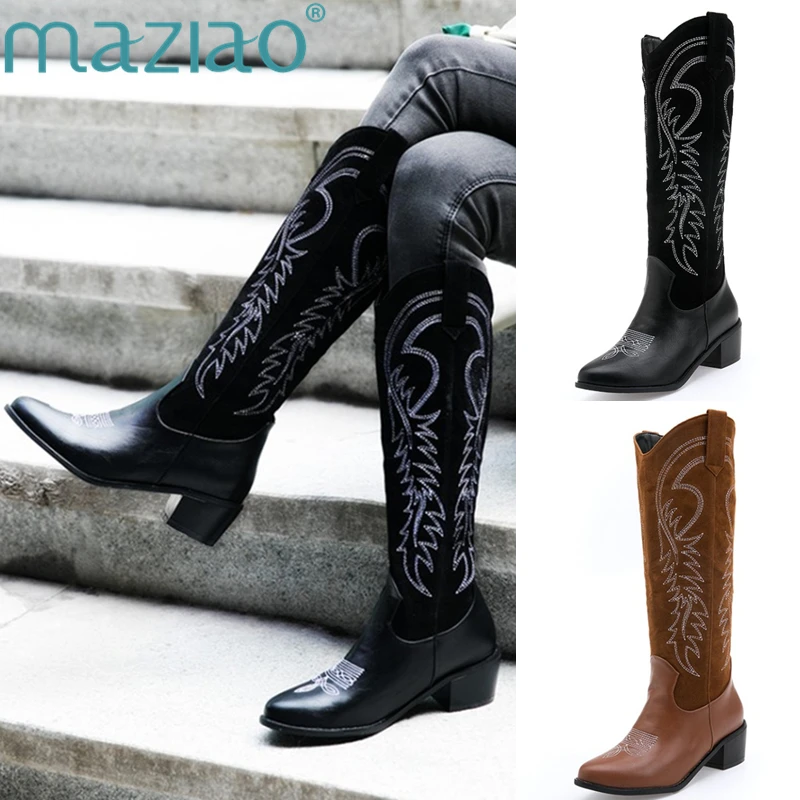 Embossed Microfiber Leather Women Boots Pointed Toe Western Cowboy Boots Mid-calf Chunky Boots Knee High Boots Cowgirl Boots