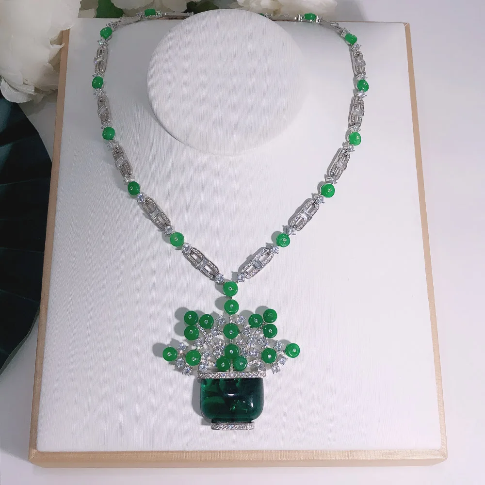 Fashion Luxury Green Chalcedony Necklace Women's Fowers Shiny  Classic Brand Jewelry Hot Sale Party Wedding  Lucky