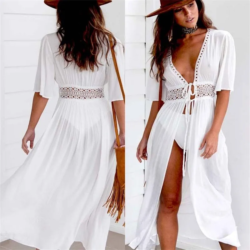 Beach Long Maxi Dress Women Beach Cover Up Bikini Tunic Pareo White V Neck Dress Robe Swimwear Bathing Suit Beachwear