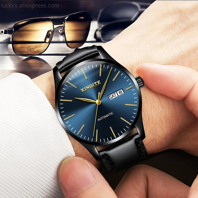 Original stainless steel black male watch mechanical automatic watch for man complete calendar fashion clock waterproof A240