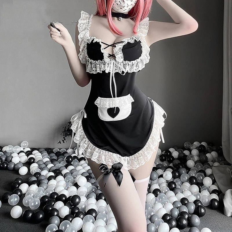 AniLV Anime Lolita Girl Maid Dress Unirom Costumes Cosplay Comics Cook Lady Coffee Maid Lace Edge Nightdress Erotic Outfit Set