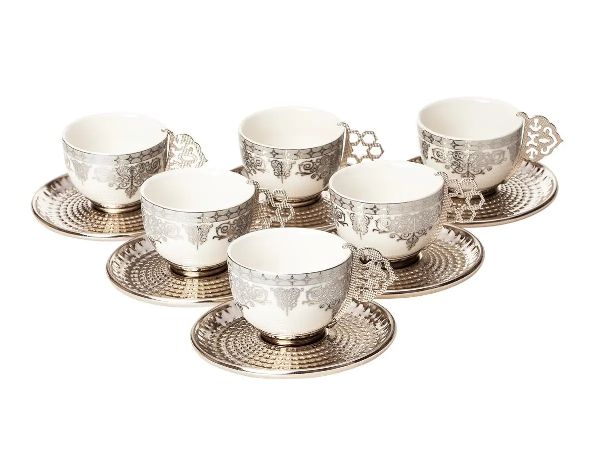 Espresso Coffee Cups with Saucers Set of 6, Porcelain Turkish Greek Silver Coffee Cups and Saucers, coffee Cup For Women, Men