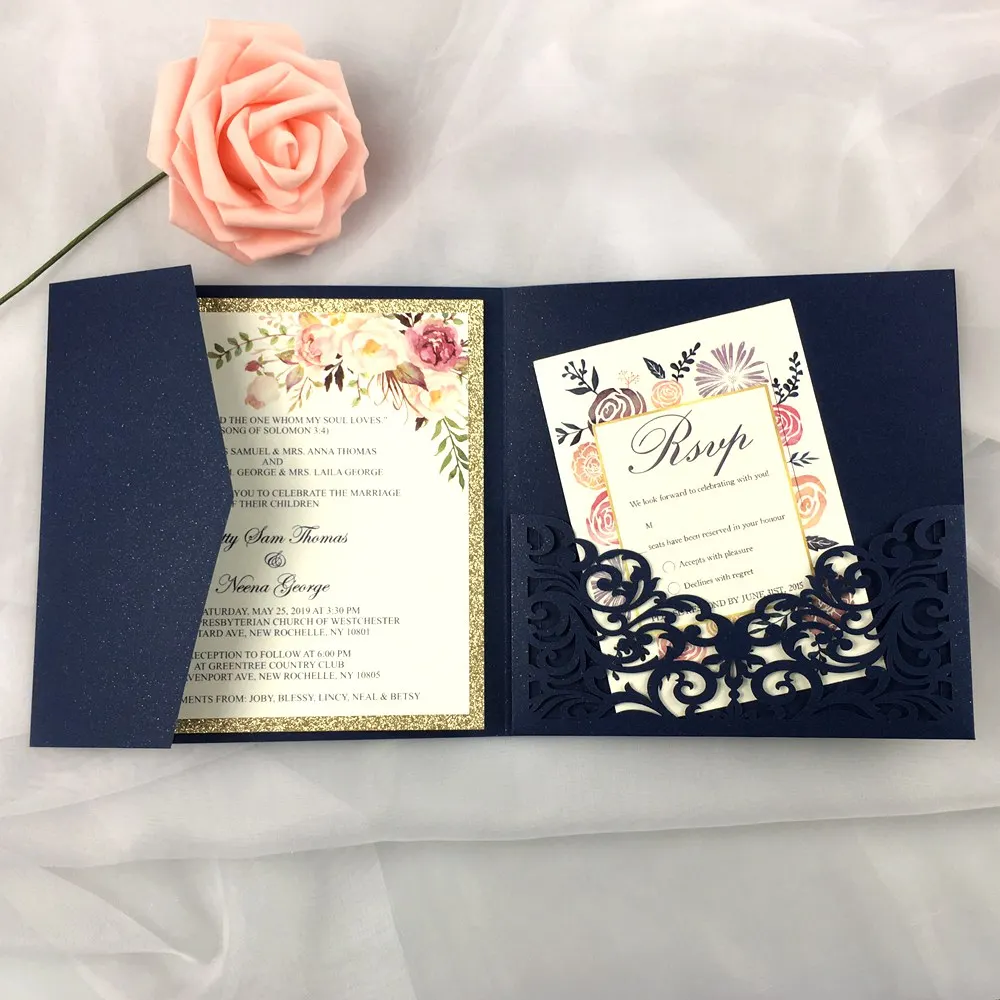 free shipping 2pcs light pink tri fold wedding invitation cards with envelope ,insert, RSVP 3 fold laser cut pocket fold cards