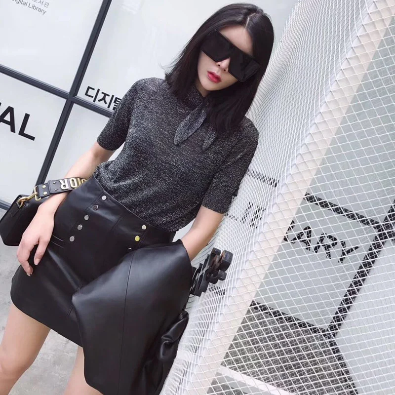 Women Fashion A Line Mini Skirt Black Punk Rivet Skinny Faldas Mujer Sexy Short High Waist Genuine Leather Female Party Skirts