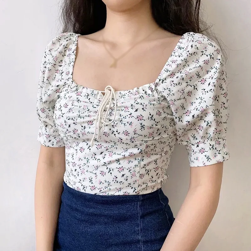 Sweet Floral Print Shirt Women Sexy Square Collar Short Puff Sleeve Vintage Summer Shirts