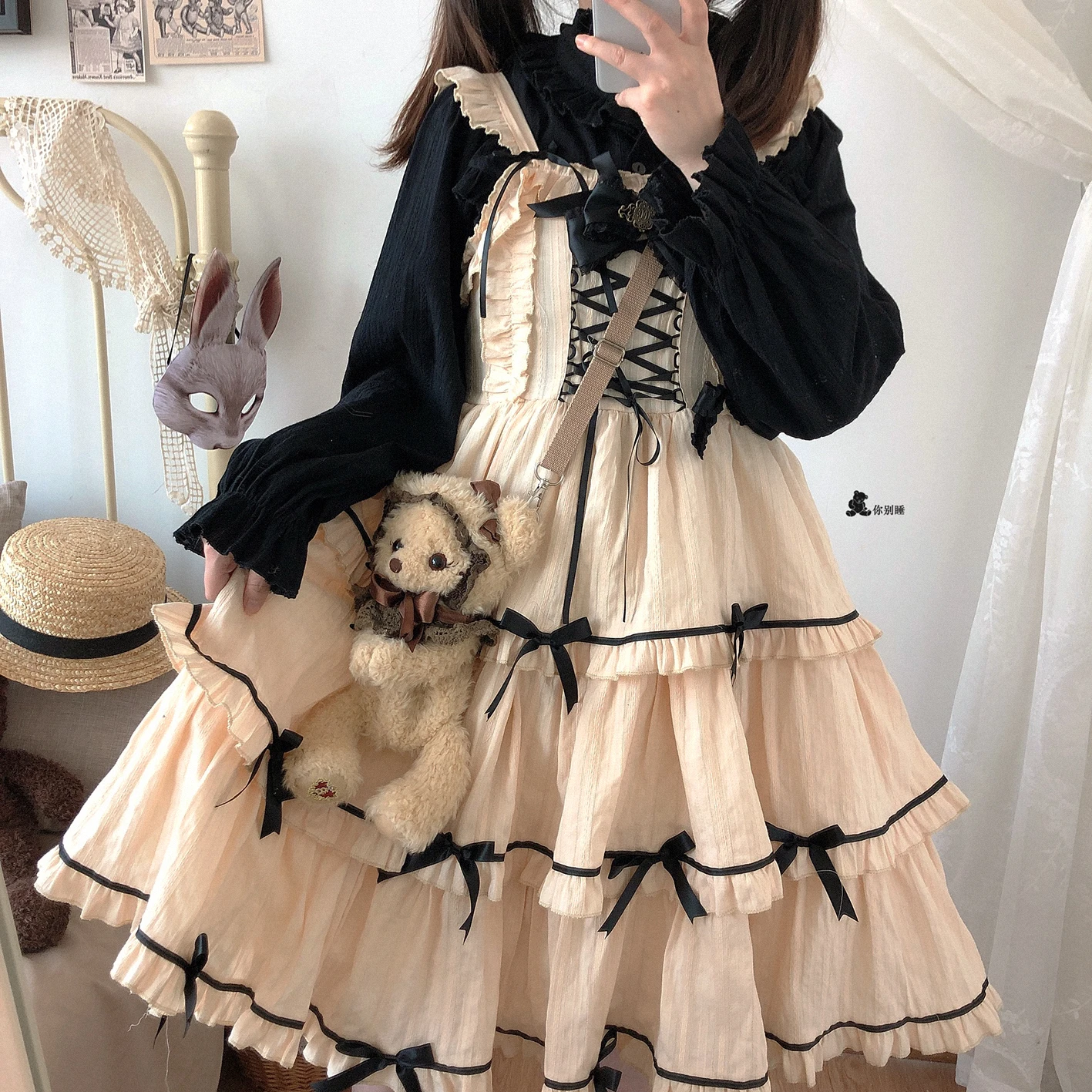 Cute Loli Girl Retro Ribbon Bowknot Cake Sweet Suspender High Waist Kawaii Dress Lace Soft Girl Daily Dress Cosplay Lolita Cos