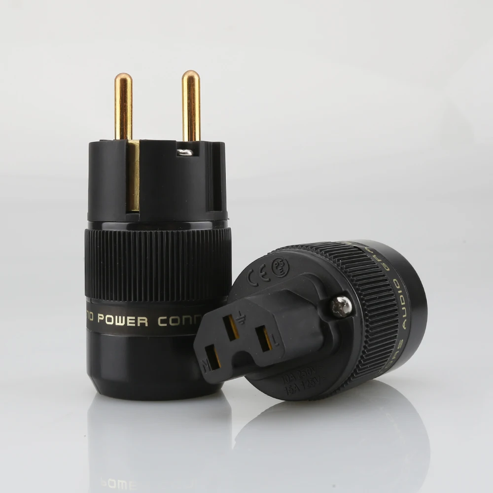 24K Gold Plated Schuko EU Power Plug IEC C13 Connector High End HIFI Audio AC Mains Plug Brass For Amplifier DAC