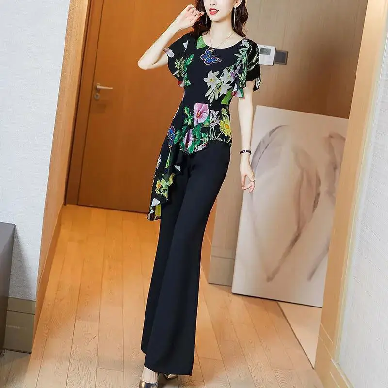 Suit Female Fashion Summer Pantsuits 2 Piece Woman Set Elegant Chiffon Print Irregular Top & Flare Pants Office Lady Clothes