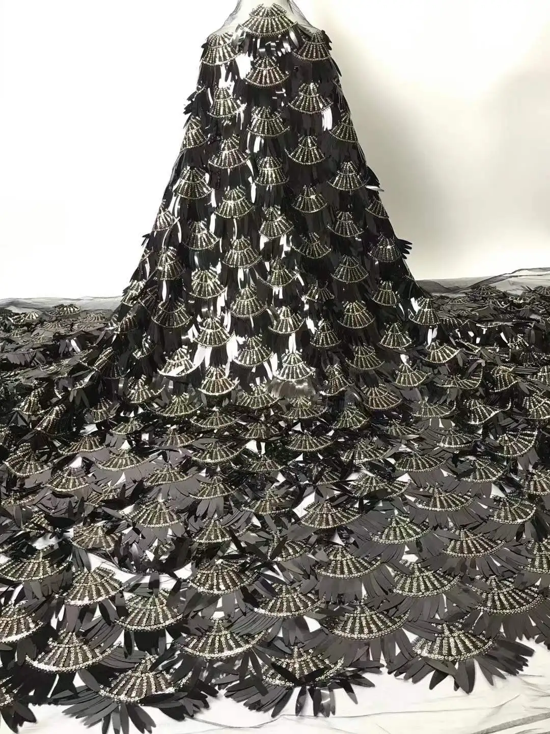 Champagne gold black Noble sequins sector embroidery mesh lace fabric DIY Evening dress accessories X1091