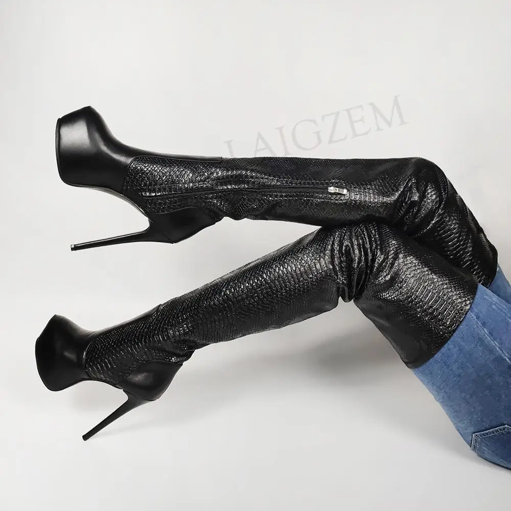 LAIGZEM SEXY Delle Donne Coscia Stivali Alti Lato Del Coccodrillo Del Faux Zip Tacco A Spillo Tacco Alto Bootas Scarpe Donna Scarpe Donna di Formato