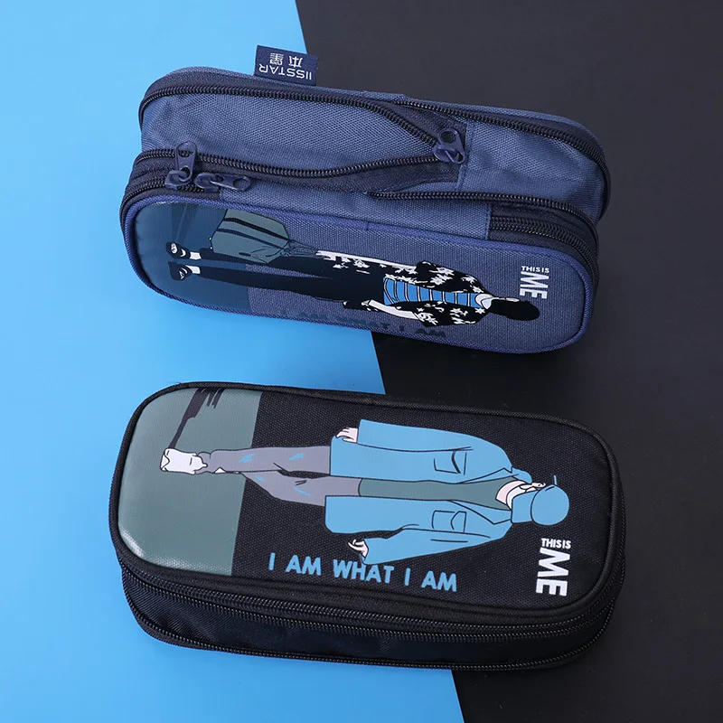Handsome canvas pencil case Three-layer large capacity stationery box school Pencil cases for boys student pen case Cartoons bag