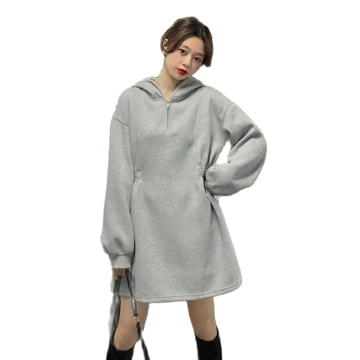 

New Sweatshirt women plus cashmere student loose hoodie zipper design mid-length a-line Sweatshirt dress A809