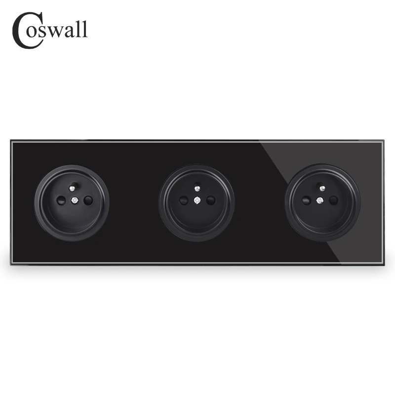 Coswall Tempered Pure Glass Panel 16A Triple French Polish Standard Wall Power Socket Grounded With Child Protective Lock