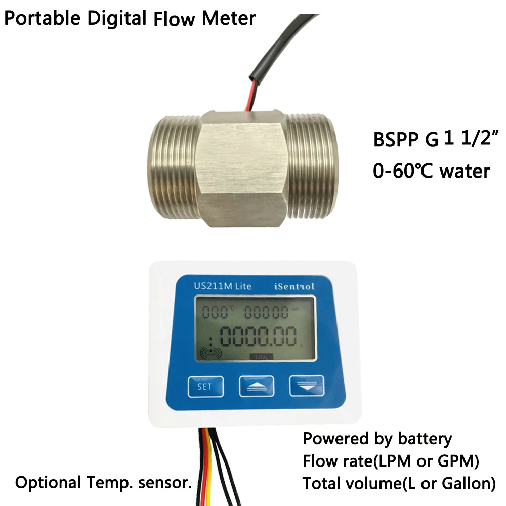 

US211M Lite Portable Digital Flowmeter and Turbine Water Flow Sense SS BSPP G1 1/2" USS-HS121TA Sensor Zhongjian iSentrol