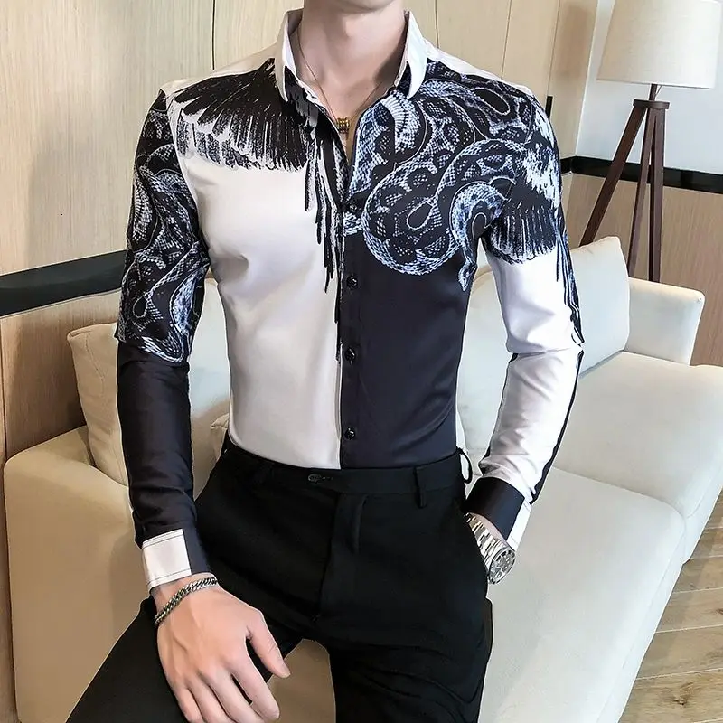 Snake British Style Print Shirt Men 2020 Autumn Korean Slim Fit Men Long-sleeved Shirt Floral Shirt Fashion Formal Shirt For Men