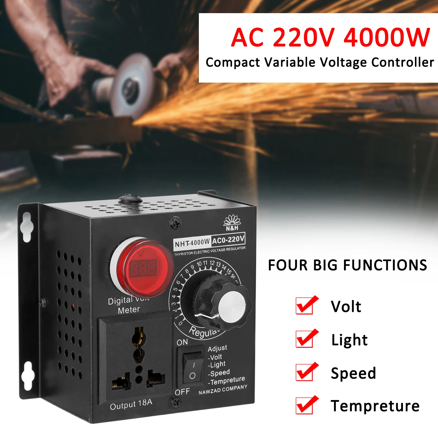 AC220V 4000W Stepless Voltage Regulator Portable Variable Monophase Voltage Controller Temperature Speed Light Adjuster