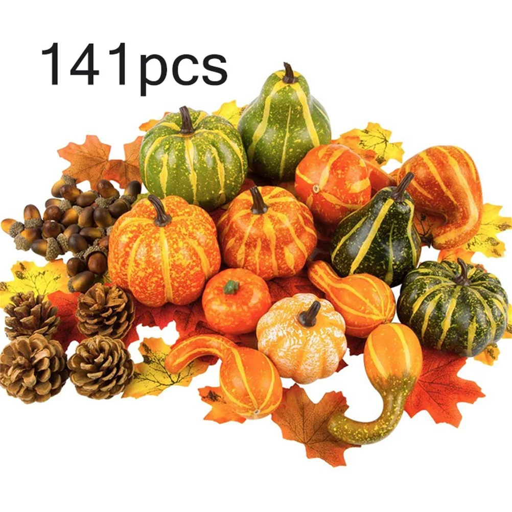 141pcs Simulation Pumpkin Acorn Autumn Fall Decoration Pumpkins Harvest Props Artificial Fake Pumpkin Maple Leaf Decoration