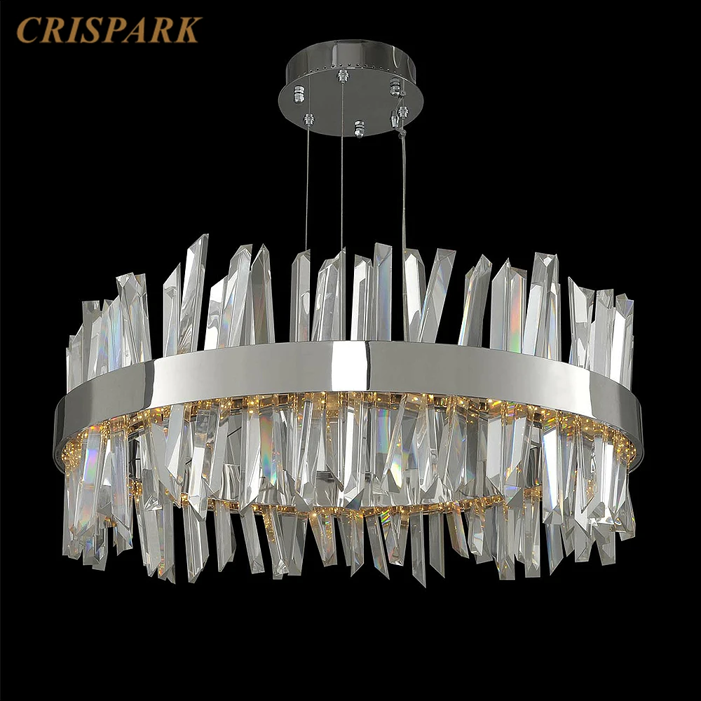 

Prism Crystal Ceiling Chandelier Home Decor Modern Luxury Hanging Indoor Chandelier Lamp Chrome Round Living Room Light Fixture