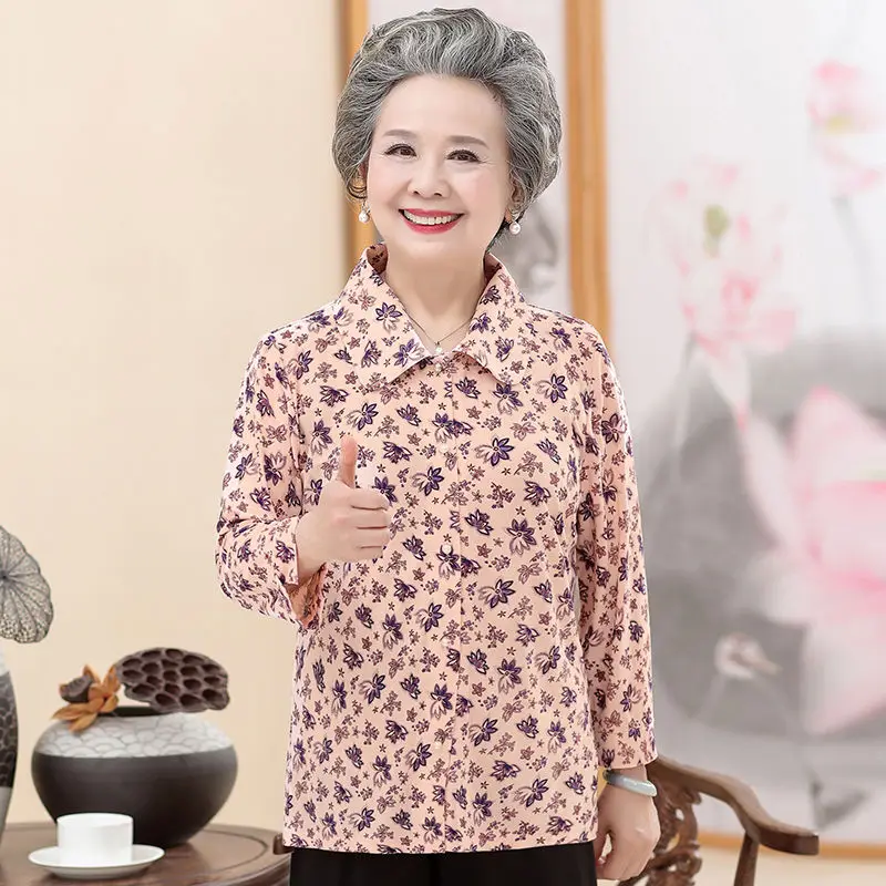 Middle-aged Elderly Women\'s Shirts 2022 New Spring Summer Autumn Long Sleeve Printed Shirts Blouse Loose Casual Female Tops 5XL